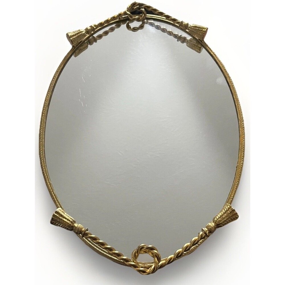 Vintage Hollywood Regency Gold Tone Vanity Tray Mirror Rope Tassel Ormolu